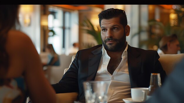 Photo a man in a suit and a white shirt is sitting at a table