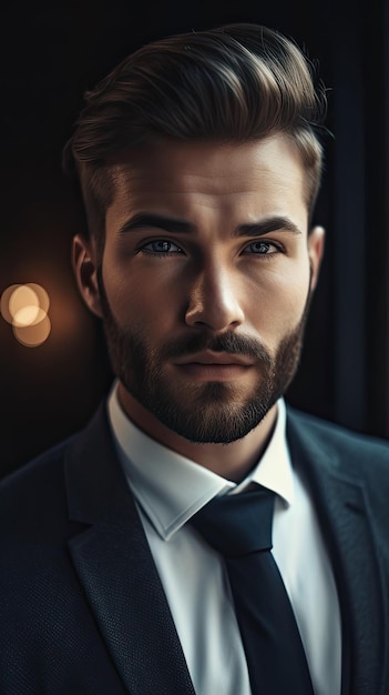 A man in a suit with a beard and a black shirt