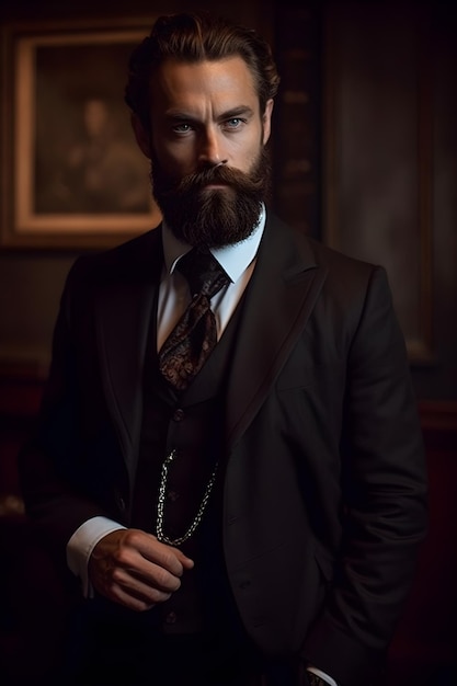 Premium Photo | A man in a suit with a beard and a tie stands in a dark ...