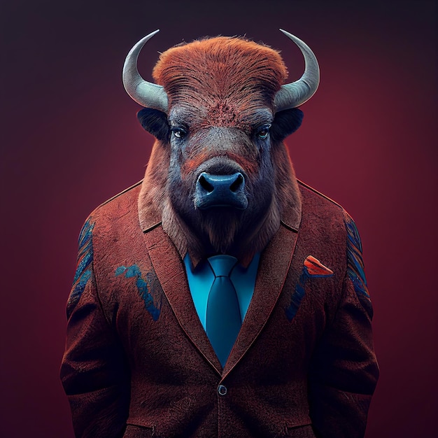 A man in a suit with a bison head on it.