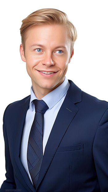 A man in a suit with a blue shirt and tie smiles at the camera.