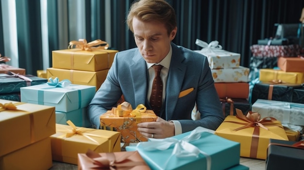 青いスーツと金色のネクタイを締めたスーツ姿の男性が、山積みのプレゼントの前に座っています。