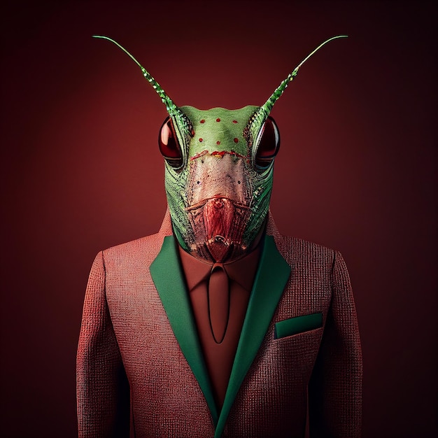 A man in a suit with a bug's face and a red jacket.