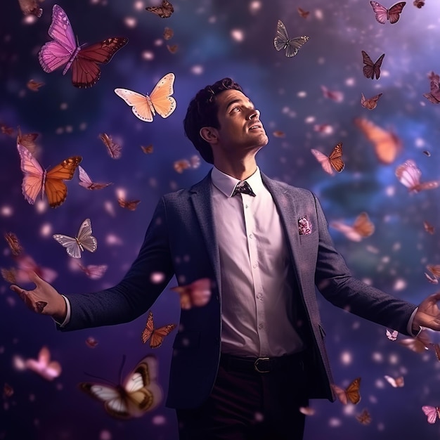 A man in a suit with butterflies on the cover