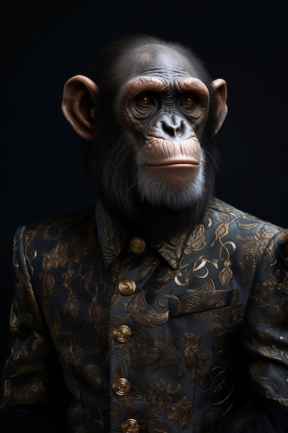 チンパンジーを乗せたスーツ姿の男性