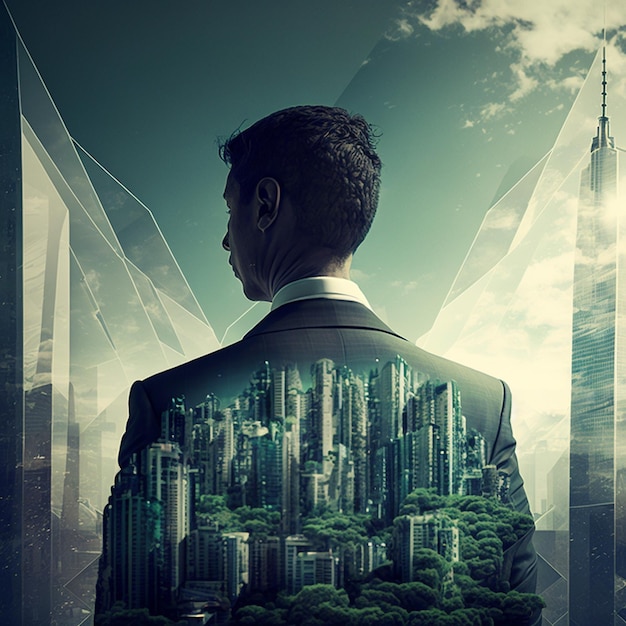 A man in a suit with a city in the background