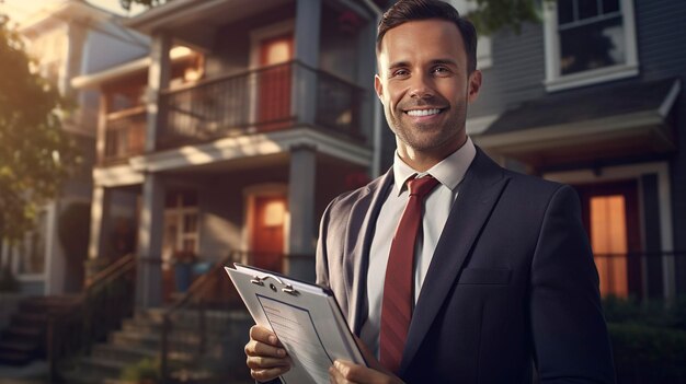 a man in a suit with a clipboard in his hand and a sign that says  h k