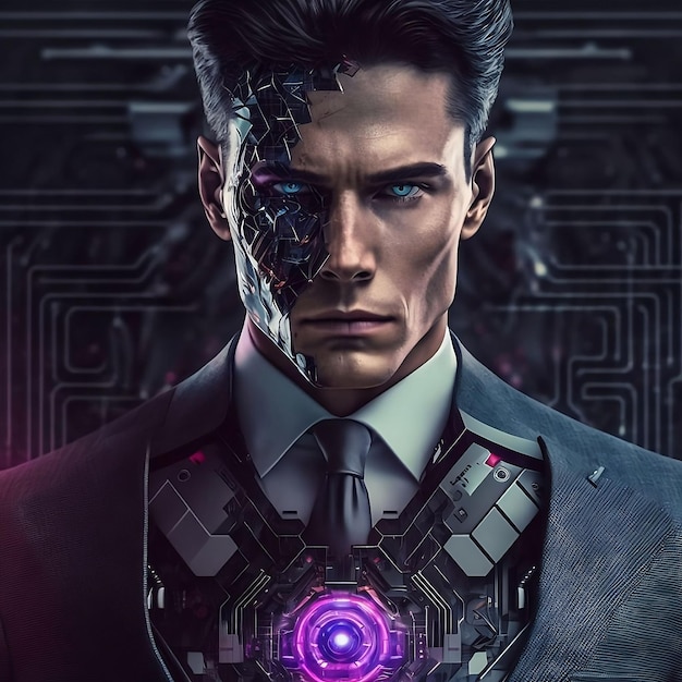 Man in suit with face of cyborg sci fi scene