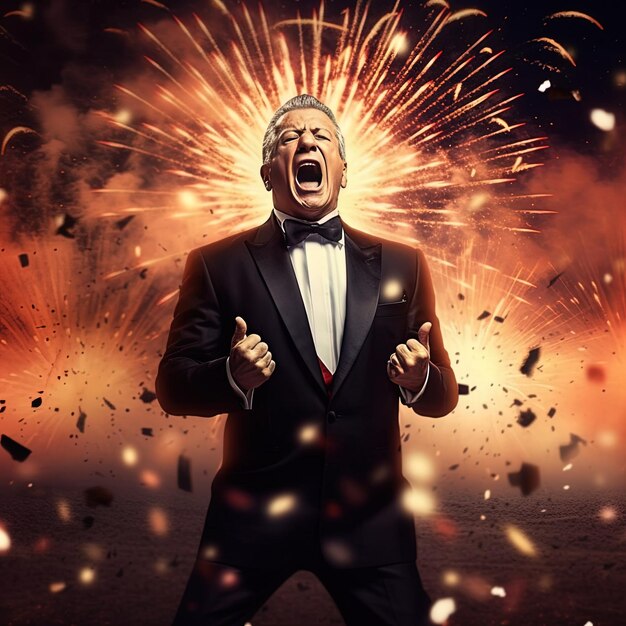 Photo a man in a suit with fireworks behind him