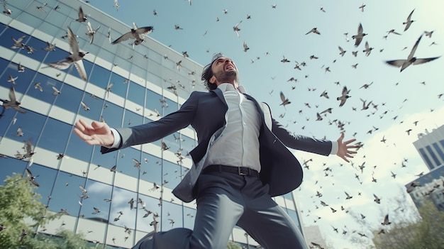 A man in a suit with a flock of birds flying in the sky