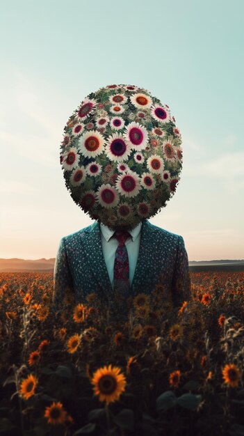 A man in a suit with a flower head on it.