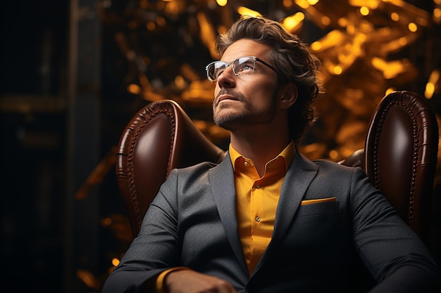 A man in a suit with glasses and a yellow shirt