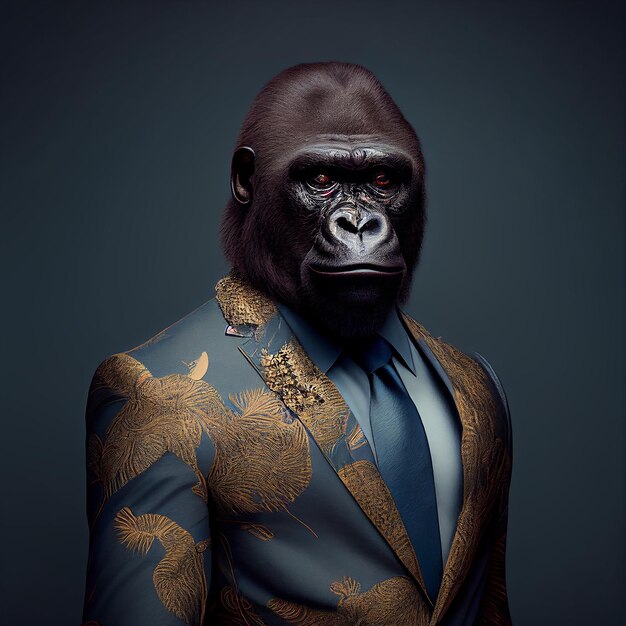 A man in a suit with a gorilla head.