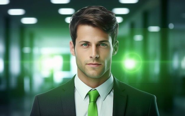 a man in a suit with a green tie and a green tie.