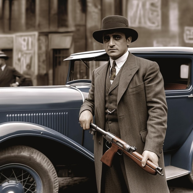 Foto un uomo in giacca e cravatta con una pistola in mano e una pistola davanti a un'auto.