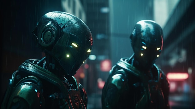 A man in a suit with a helmet on and a man in a raincoat with the word cyberpunk on it.