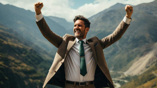 Photo a man in a suit with his arms in the air generative ai image