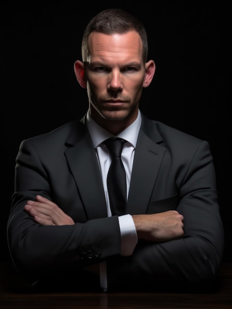 A man in a suit with his arms crossed stands in front of a black background.