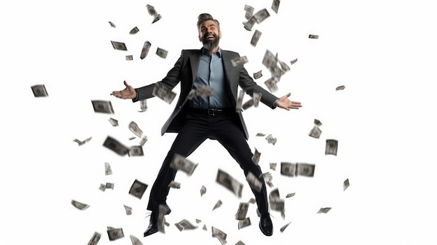 A man in a suit with his arms outstretched and the words'money'on it
