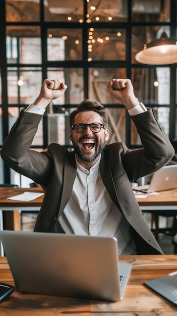 Photo a man in a suit with his arms up in the air and the word  he is happy