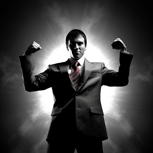 Photo a man in a suit with his arms up in the air.