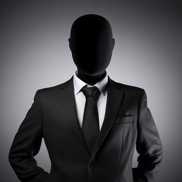 A man in a suit with his hands in his pockets is wearing a black tie.