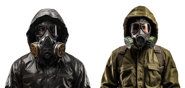 Photo a man in a suit with a hood and a gas mask on a transparent background