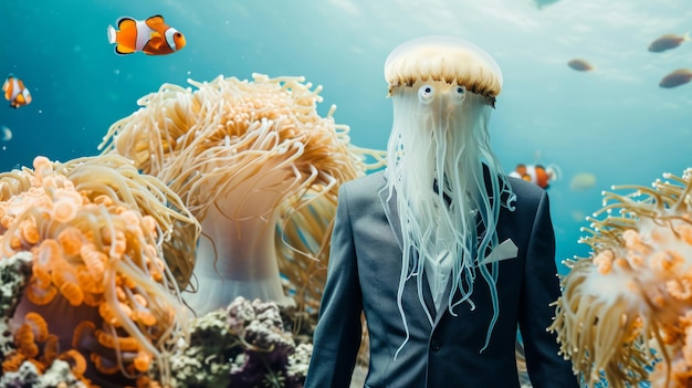 Man in Suit With Jellyfish on Head Unconventional Fashion Statement or Curious Encounter