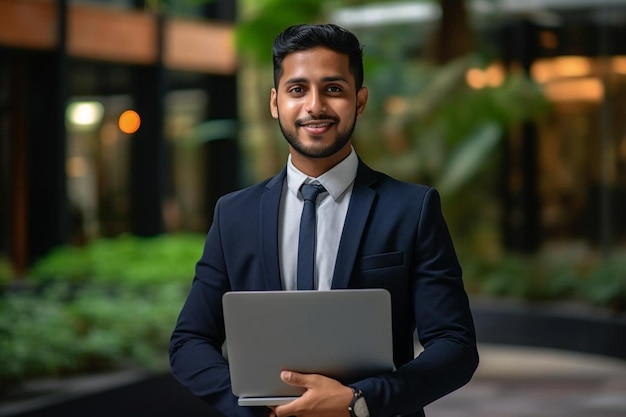 Photo a man in a suit with a laptop in his hand