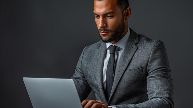 a man in a suit with a laptop on his lap top