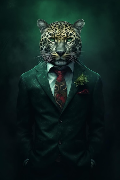 A man in a suit with a leopard head on it