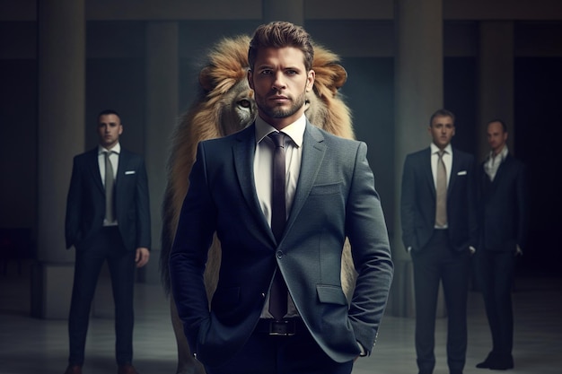 a man in a suit with a lion on the back