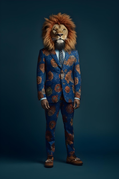 A man in a suit with a lion head on it.