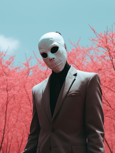 a man in a suit with a mask on his face