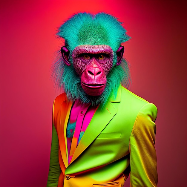 A man in a suit with a monkey head.
