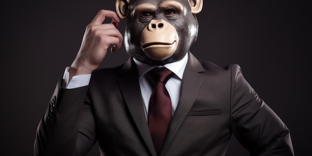 A man in a suit with a monkey mask on his head