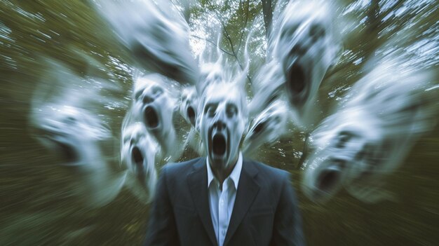 Foto un uomo in tuta con molteplici facce di fantasma che si estendono dalla sua testa, ognuna delle quali mostra un'espressione esagerata. queste facce sono apparse con un effetto di sfocamento del movimento.