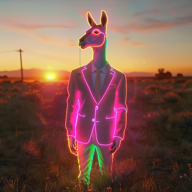 a man in a suit with a neon sign that says  deer