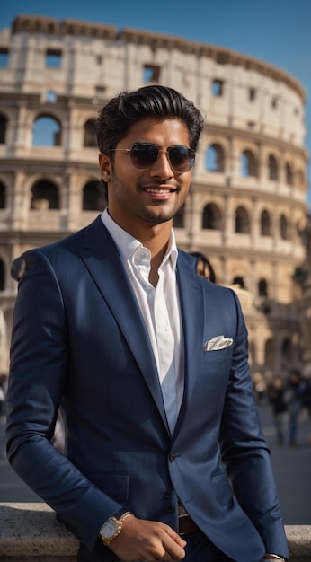 a man in a suit with a pocket square in front.