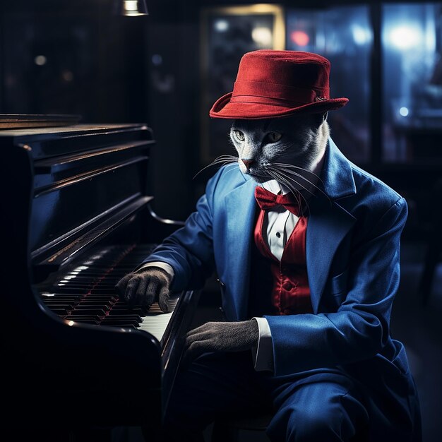 a man in a suit with a red hat and a red hat is sitting at a piano.