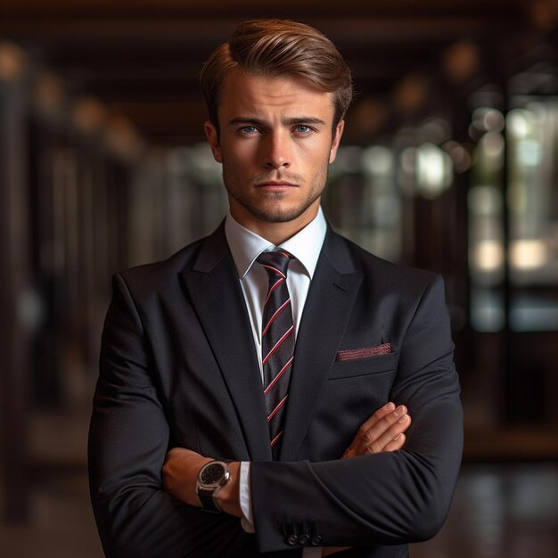 a man in a suit with a red and white tie.