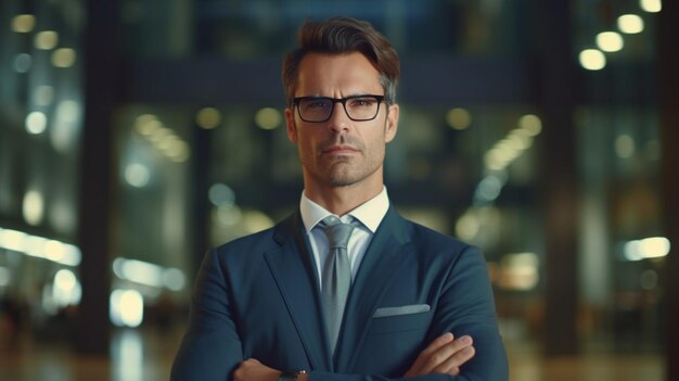 a man in a suit with a shirt and glasses stands in front of a window.