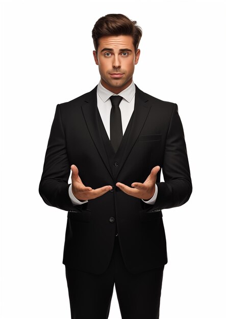 Photo a man in a suit with a shirt that says  he is holding his hands