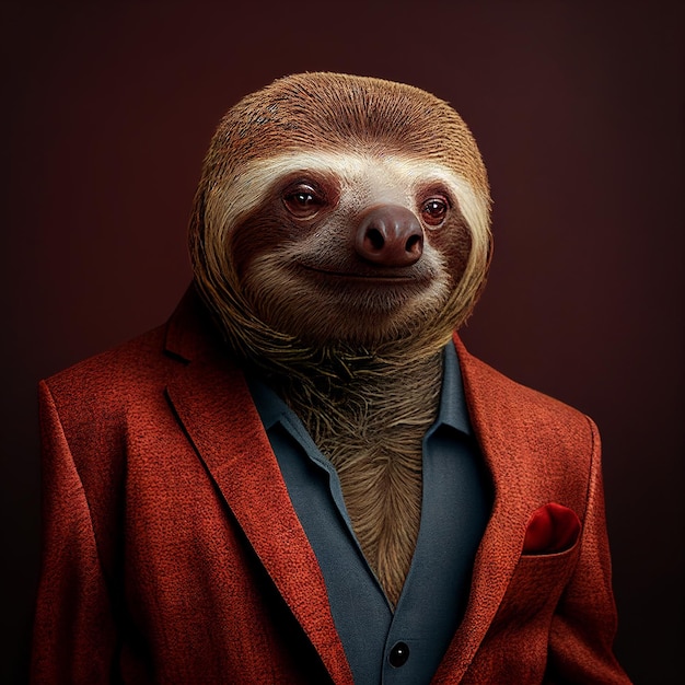 A man in a suit with a sloth on his face