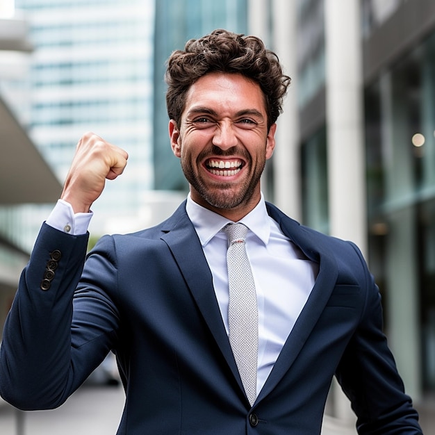 a man in a suit with a smile on his face is celebrating.