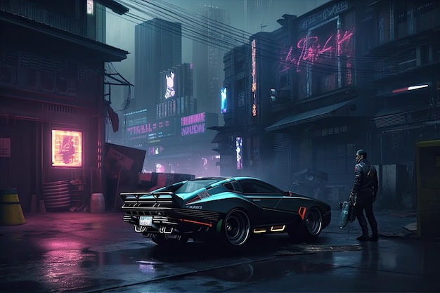 A man in a suit with a sports car in the street with a neon sign that says'cyberpunk'on it.