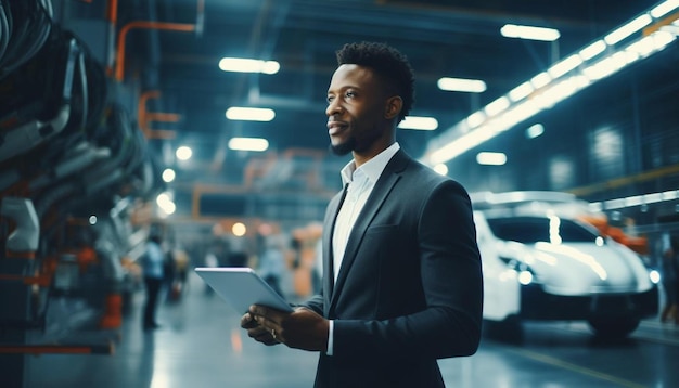 a man in a suit with a tablet in his hand