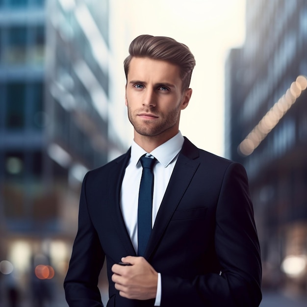 A man in a suit with a tie that says " he is wearing a shirt ".