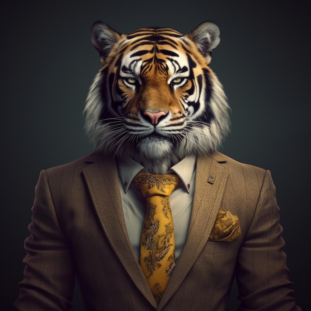 A man in a suit with a tiger head on it.