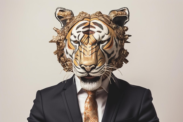 A man in a suit with a tiger mask on his head